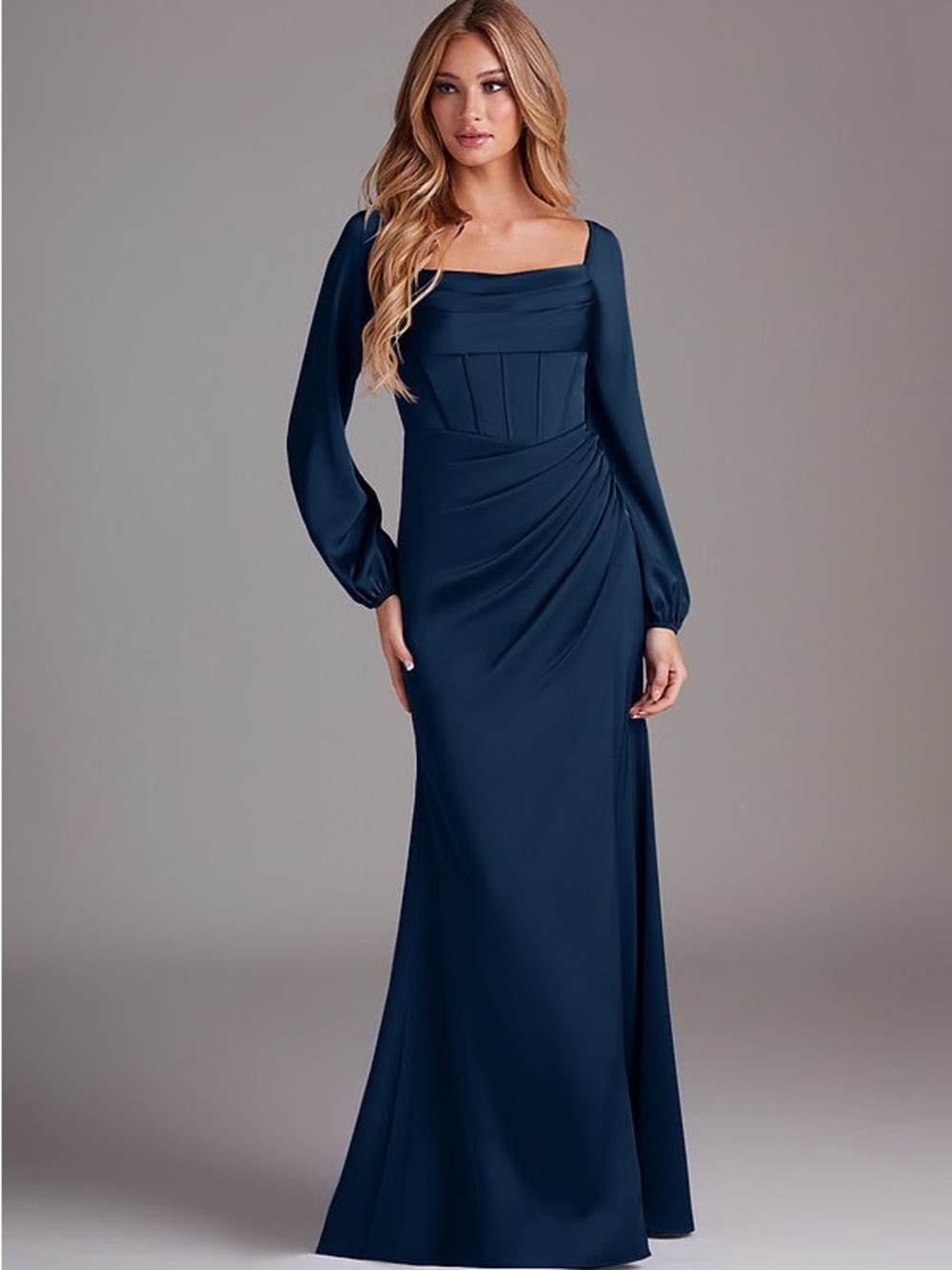Azazie Navy Long Sleeve Satin Gown